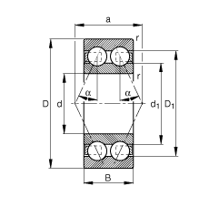 角接觸球軸承 3807-B-TVH, 雙列，接觸角 α = 25°