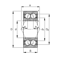 角接觸球軸承 3800-B-2RSR-TVH, 雙列，雙側(cè)唇密封，接觸角 α = 25°